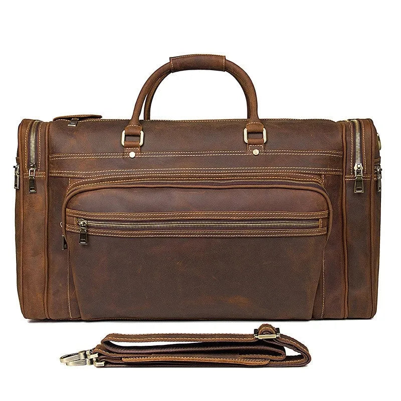 Crazy horse leather crossbody travel bag in dark brown with first layer cowhide, 36-55L capacity, for leisure travel