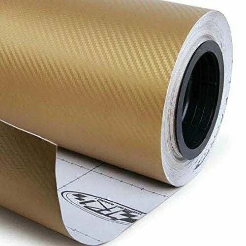 Roll of 3D carbon fibre car sticker showing black, silver, blue, and yellow colour options