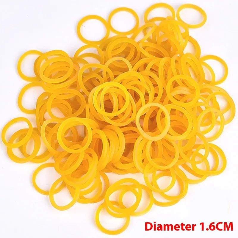 500g pack of assorted yellow rubber bands in sizes from 16mm to 70mm diameter.