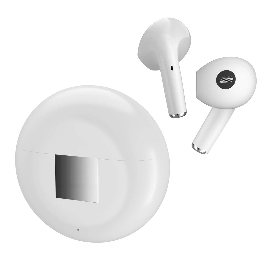White semi-in-ear wireless Bluetooth headset with charging compartment on a plain background.