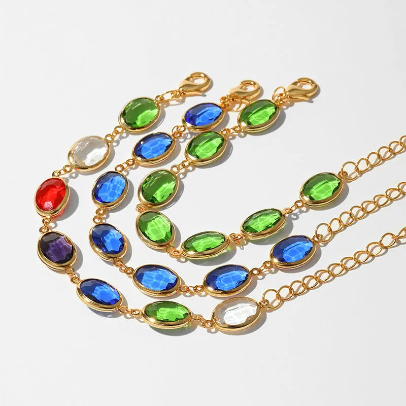 18K copper bracelet with geometric ellipse design and blue glass inlay embroidery for women
