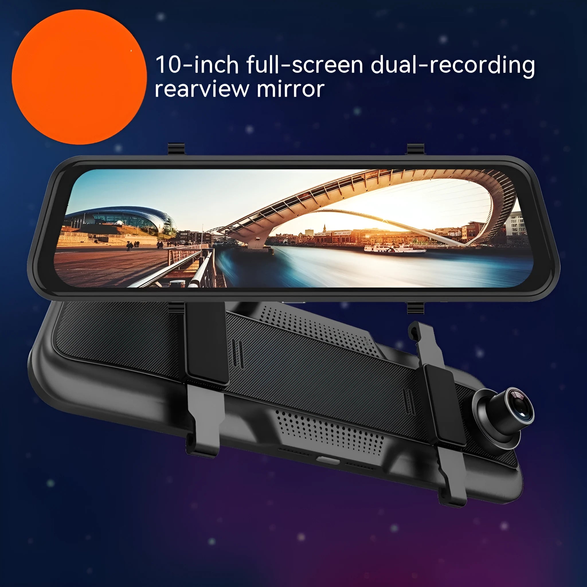 Black rearview mirror dash cam with 10-inch touchscreen display showing road recording