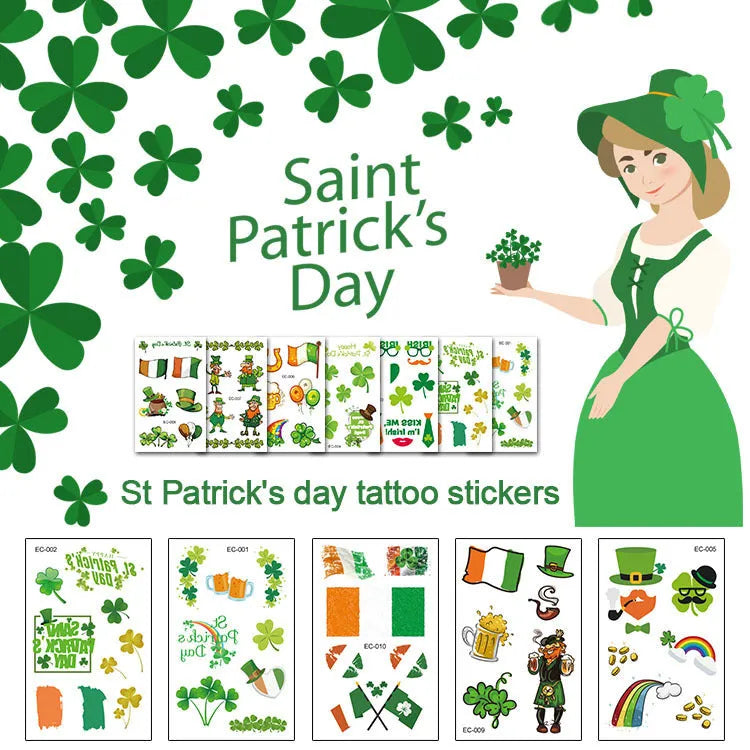 Temporary tattoo sticker paper with Irish festival flag and shamrock designs for face and body application