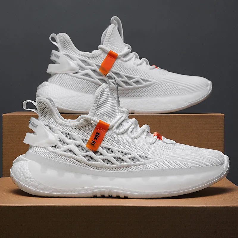 Men's white casual mesh sneakers with a flat platform heel and round toe on a light background.