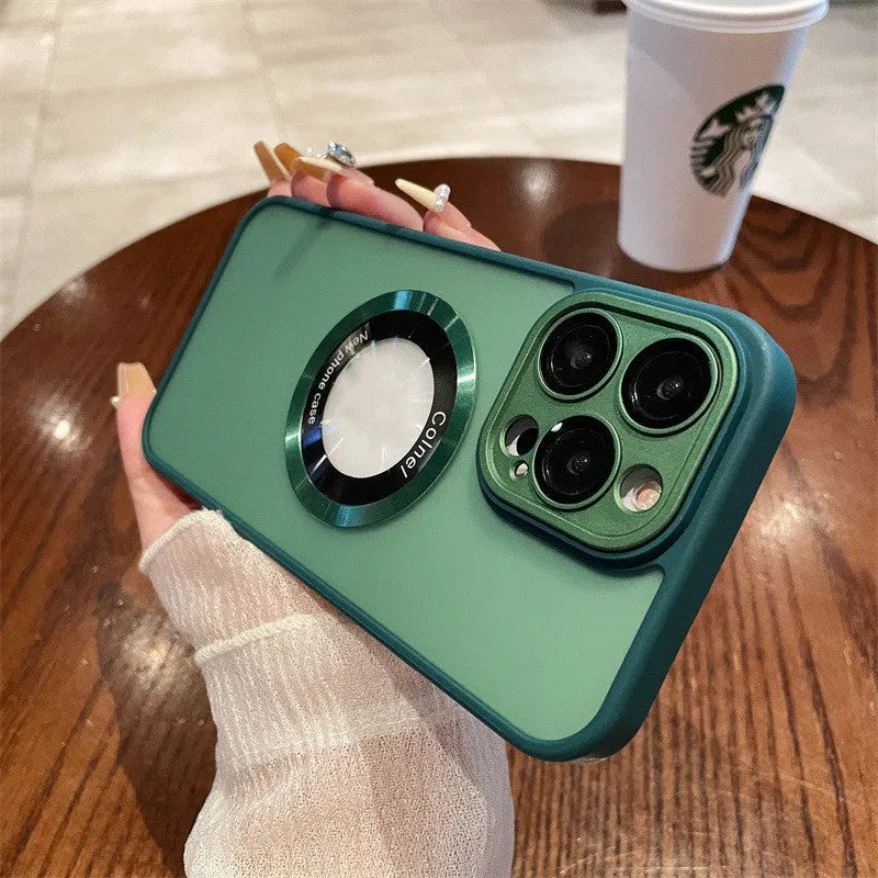 Magnetic frosted iPhone 15 case in blue showing anti-fingerprint finish and MagSafe-compatible ring
