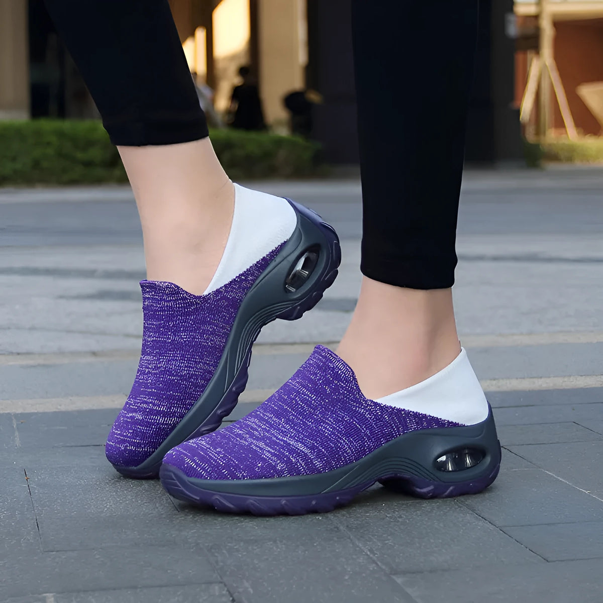 Lightweight non-slip walking shoes with flying weave upper and PU rocking sole, in blue pink purple white, sizes 35-42