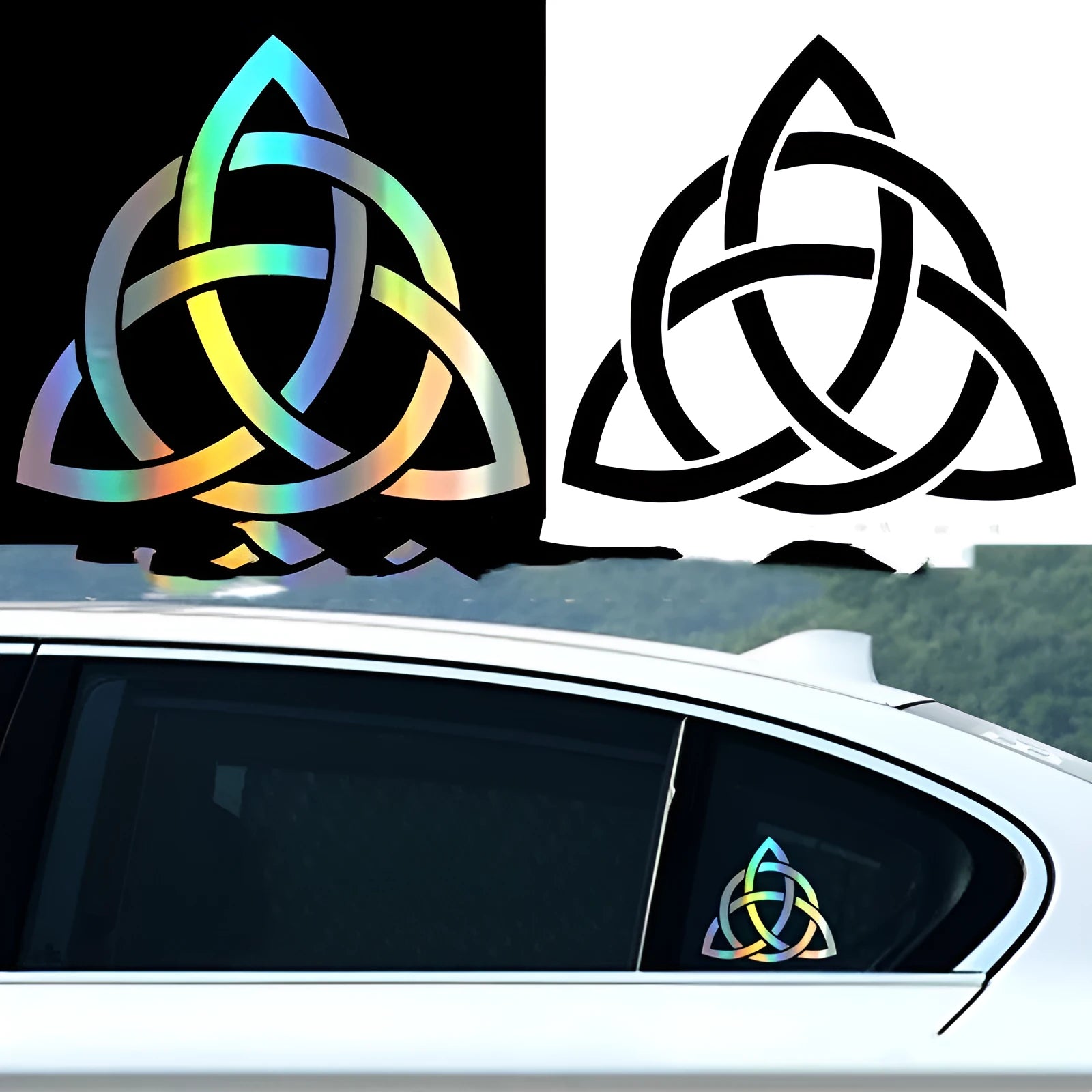 Removable vinyl car body sticker shown in black, white, and laser colour options on a vehicle door.