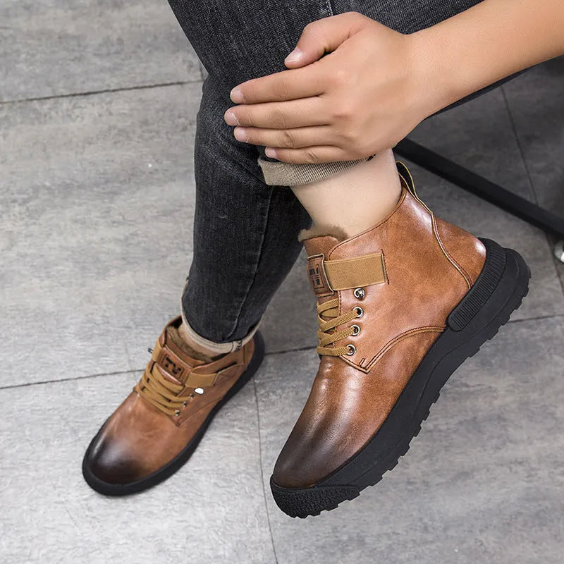 Men's black high-top platform Martin boots with a velvet upper and rubber sole.