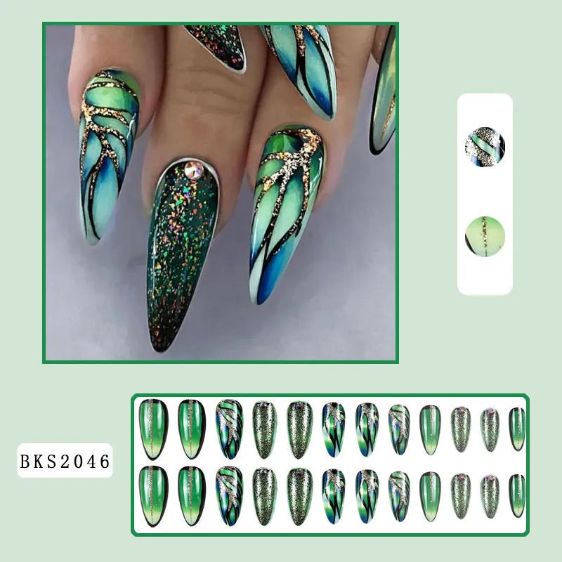 Almond-shaped nail stickers with colourful lines and rainbow patterns in plaid design
