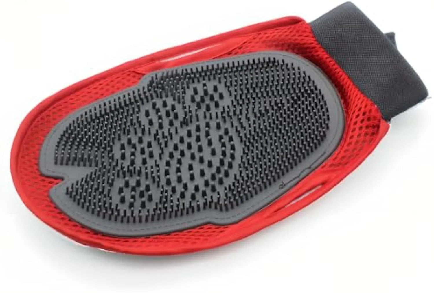 Red pet bathing glove with integrated cleaning brush showing adjustable design for left or right hand use