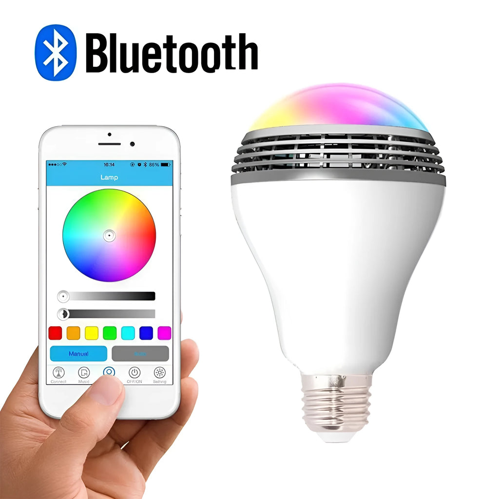 Smart LED E27 bulb with Bluetooth speaker capability showing RGB+W colour output and PC body construction
