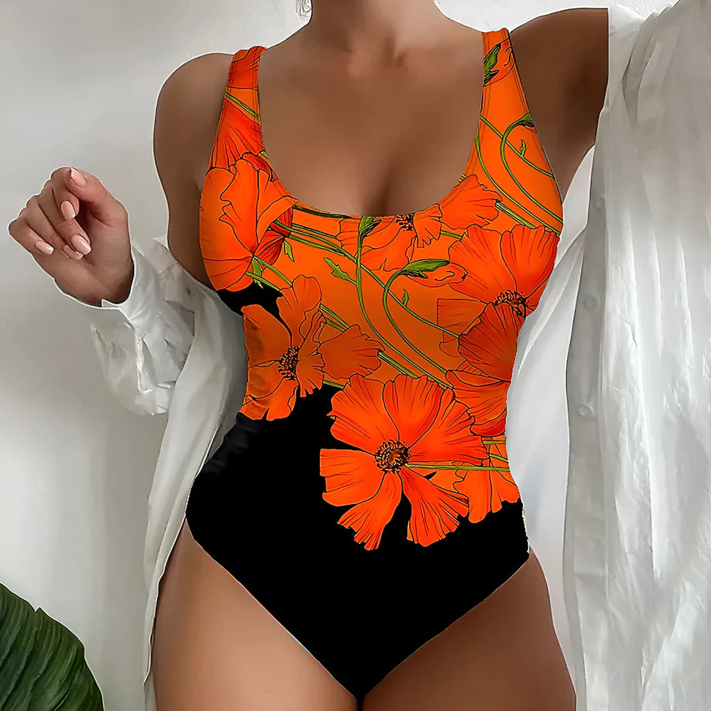 Orange floral print backless one-piece swimsuit on a model, showing slim fit.