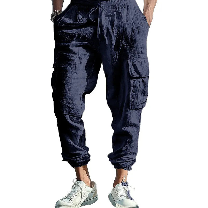 Men's ankle-tied linen casual trousers in Army Green with drawstring waist and multiple pockets