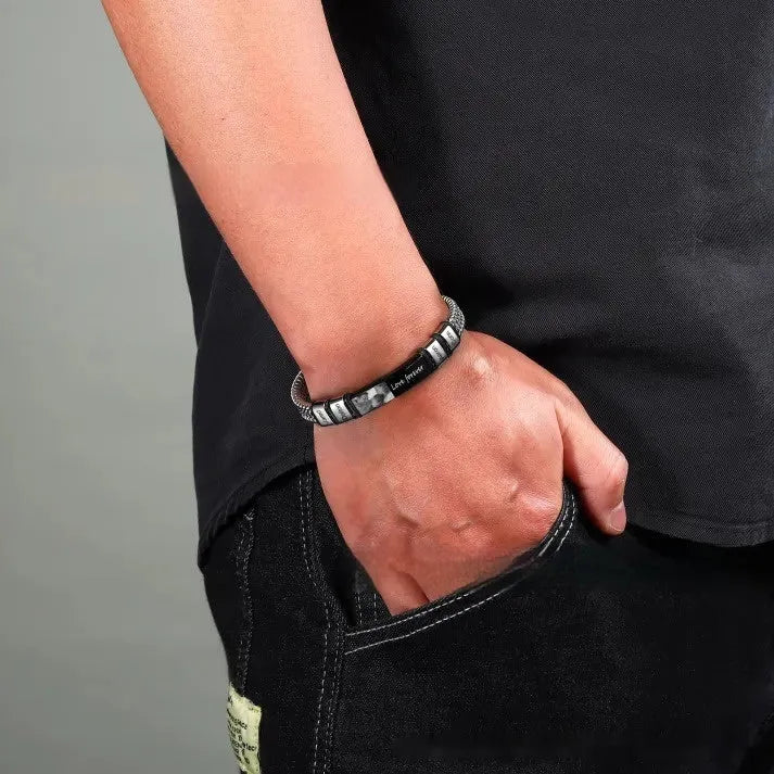 Personalised stainless steel lettering bracelet with heart-shaped beads on leather rope band