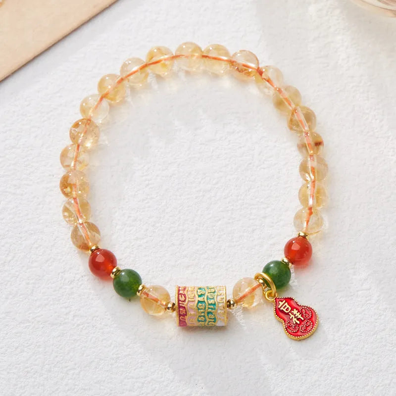 Hand-woven citrine five sutra bracelet with geometric five-warp pattern and 6mm crystal beads