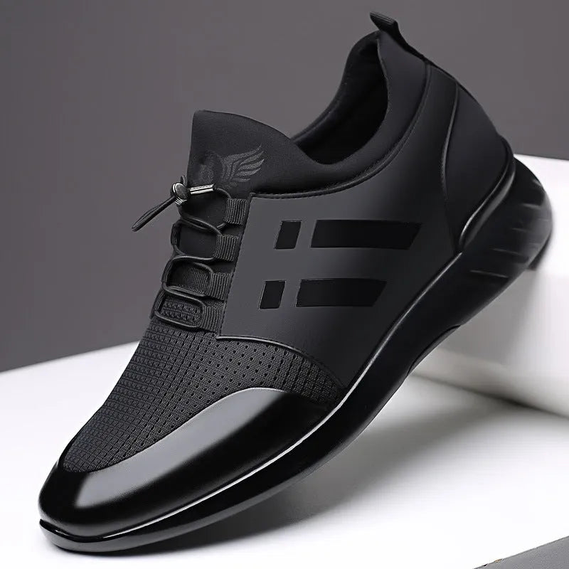 Men's black height increasing shoes with internal 8cm lift in leather, Lycra or mesh upper options