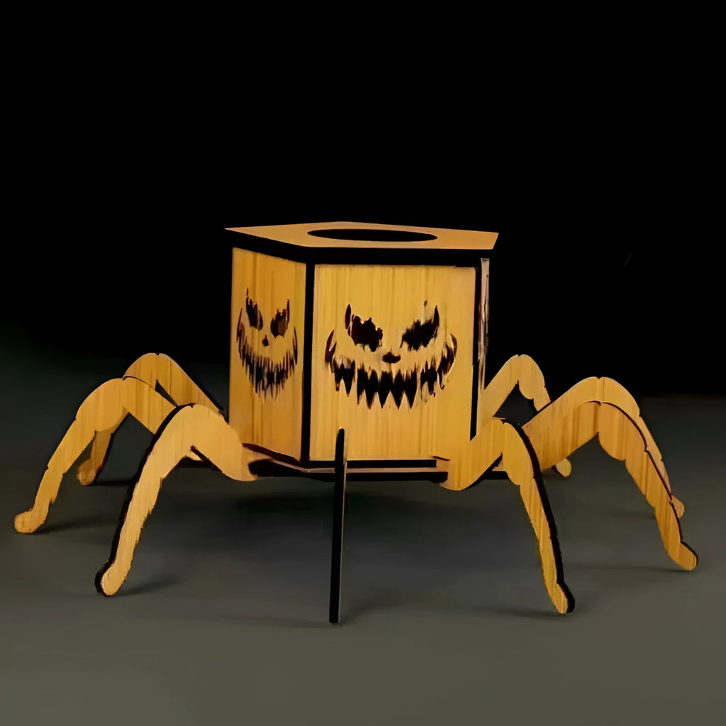 Halloween spider design wooden mini lantern candlestick decoration measuring 21cm tall
