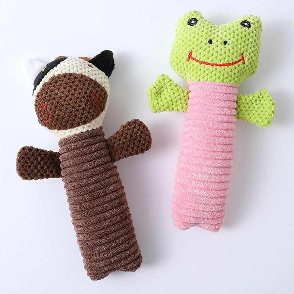 Soft stuffed dog squeaky chew toy in animal shape with teeth cleaning function