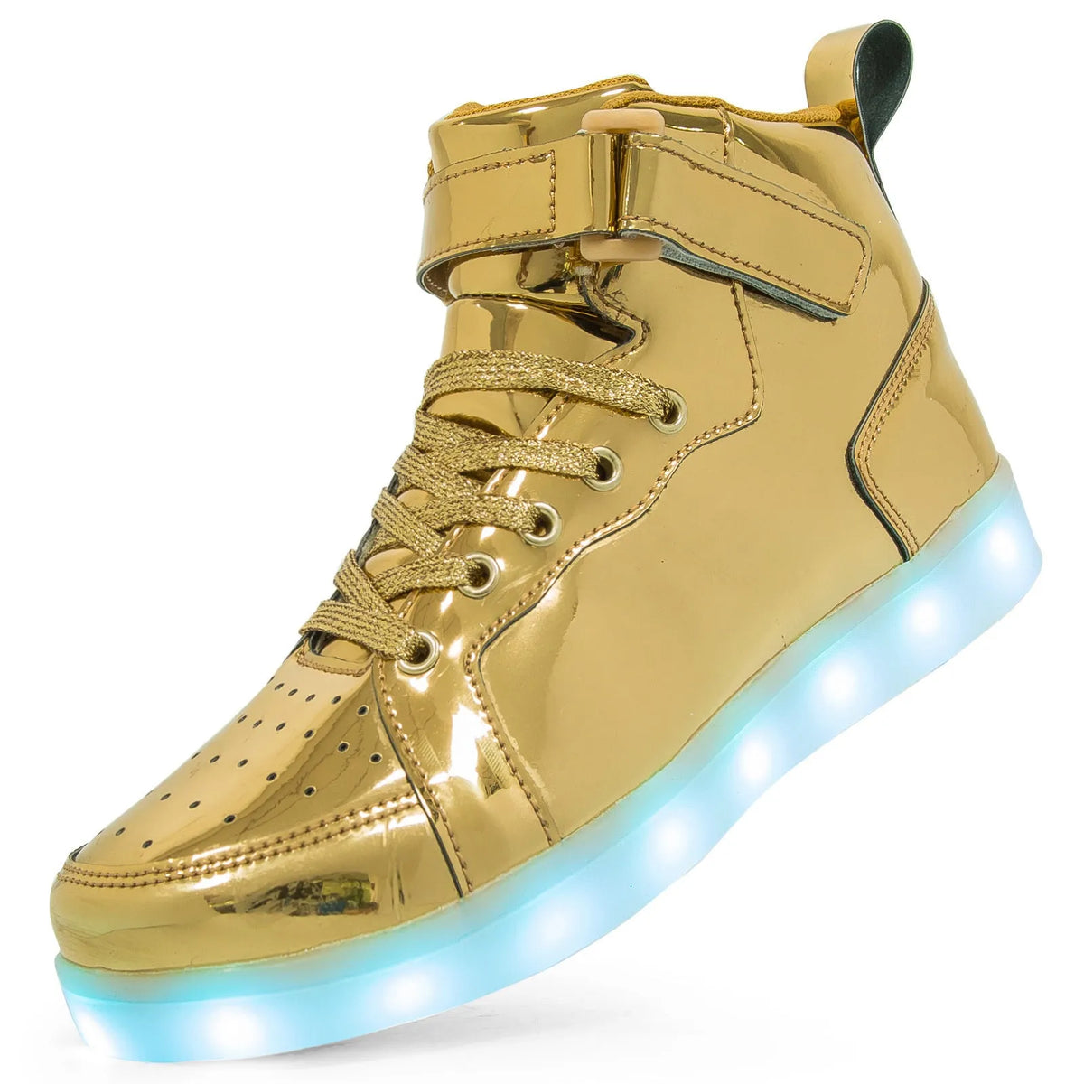 Black LED light-up high-top shoes with Velcro strap and glowing sole.