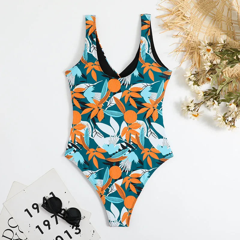 Women's high waist one-piece swimsuit with printed pattern in polyester fabric