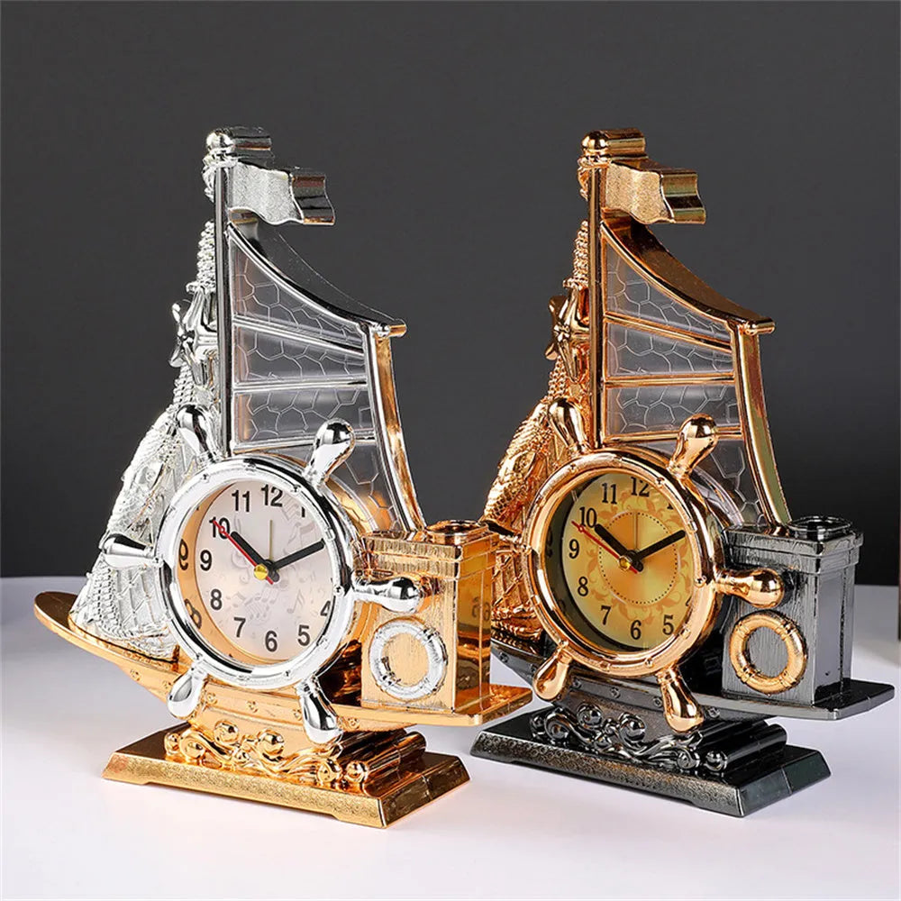 Gold or silver fashionable bedroom alarm clock on a bedside table.