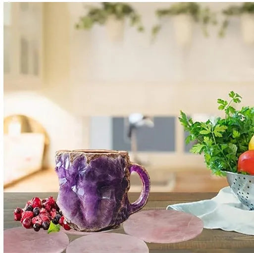Resin mineral crystal coffee mug with handle in purple colour, showing 3D texture.
