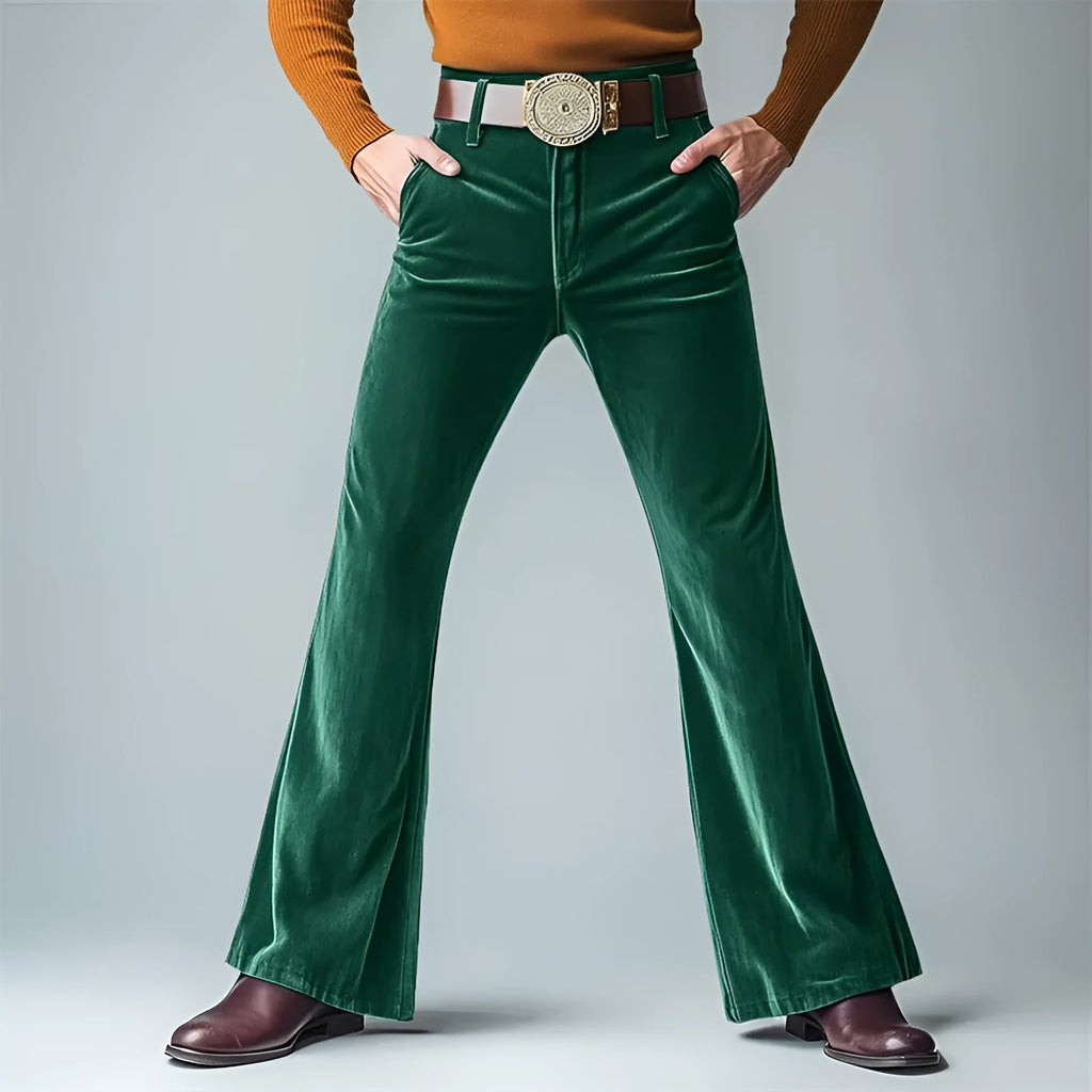 Man wearing slim-fit gold velvet flared suit pants in a solid colour, suitable for banquet or formal casual wear.