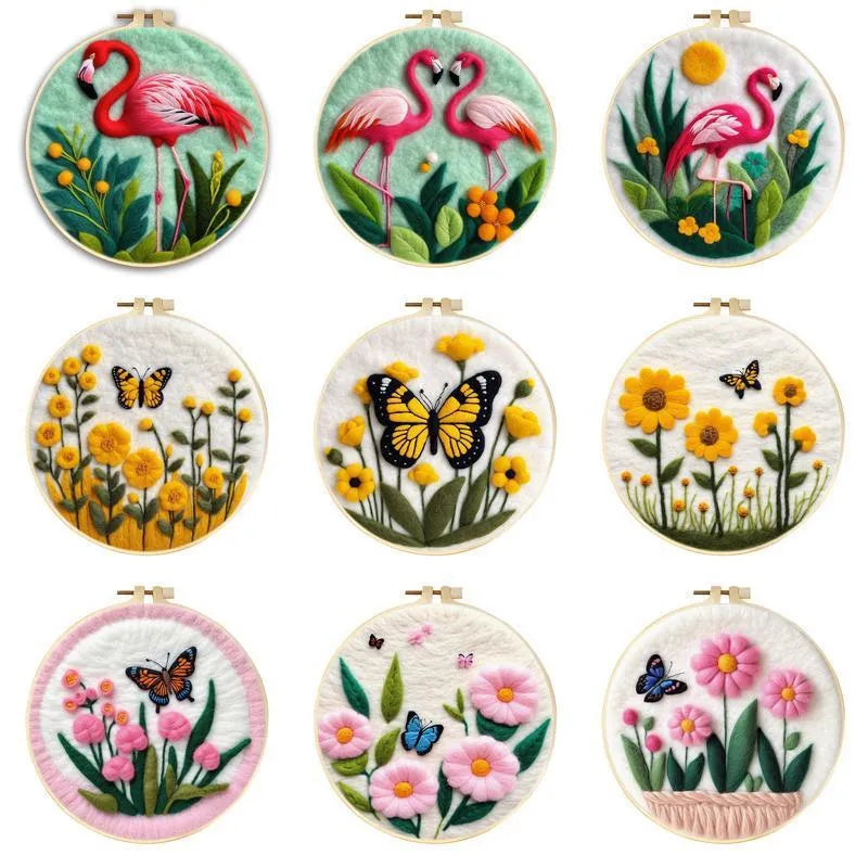 Round 20x20 cm linen embroidery kit with wool felt pieces and embroidery frame for botanical designs