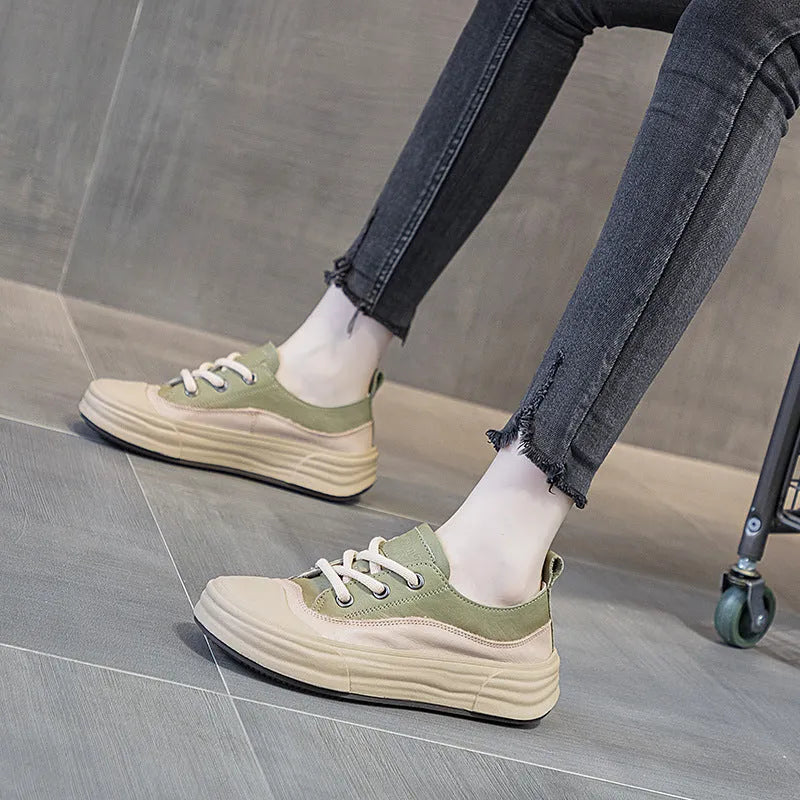 Women's low-top leather platform sneakers in matcha green, purple, or orange with round toe and front laces.
