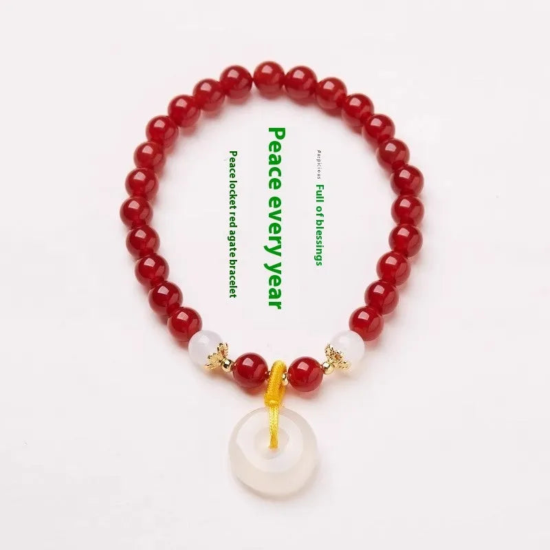 Natural Jinsi Jade safety buckle bracelet with emerald and red agate beads in Chinese-style handmade design