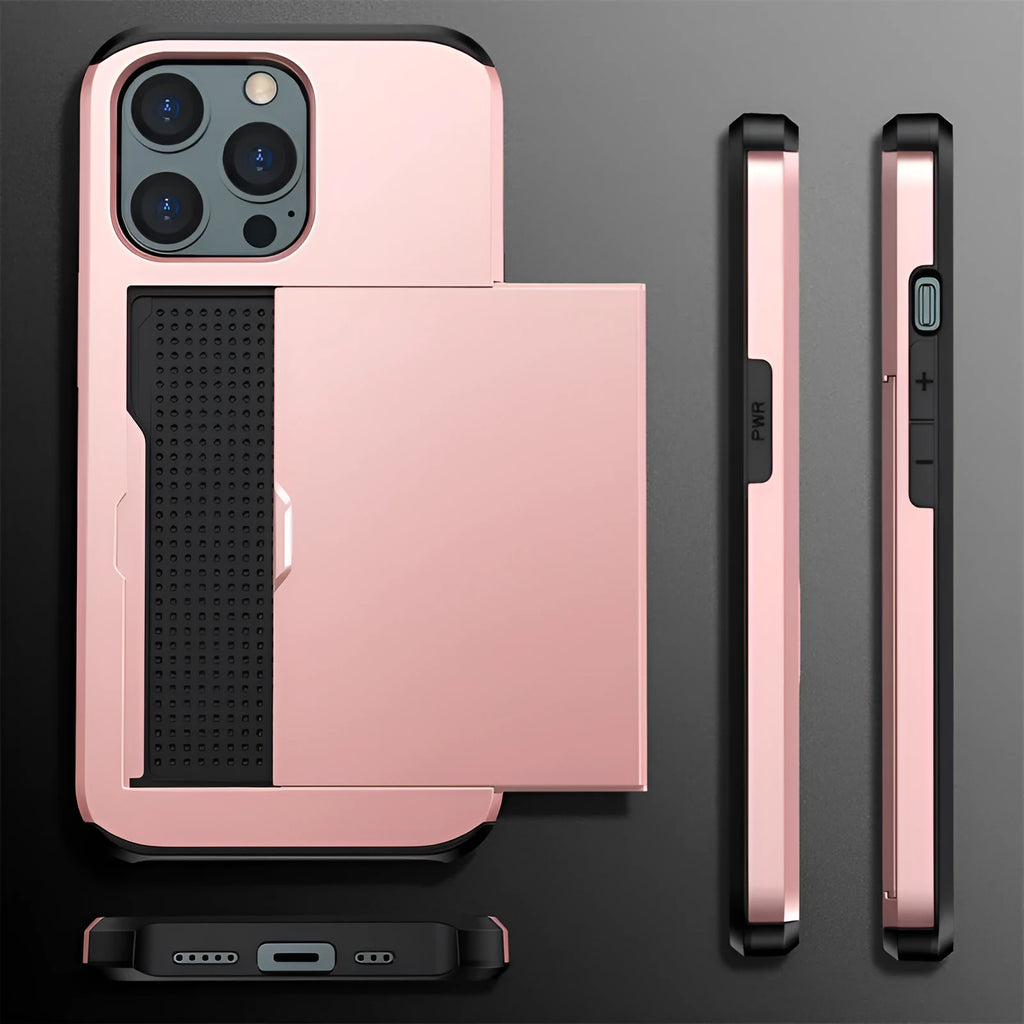 Sliding wallet phone case for iPhone 13 with card slot open showing storage space