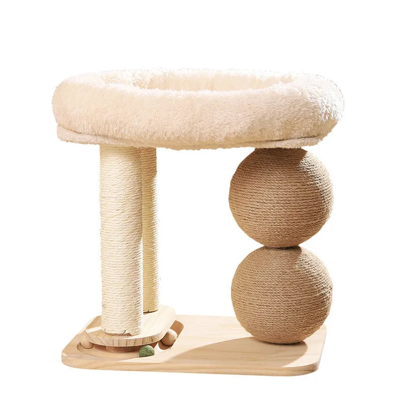 Pine wood cat scratching post with sisal wrapped column and hanging ball toys