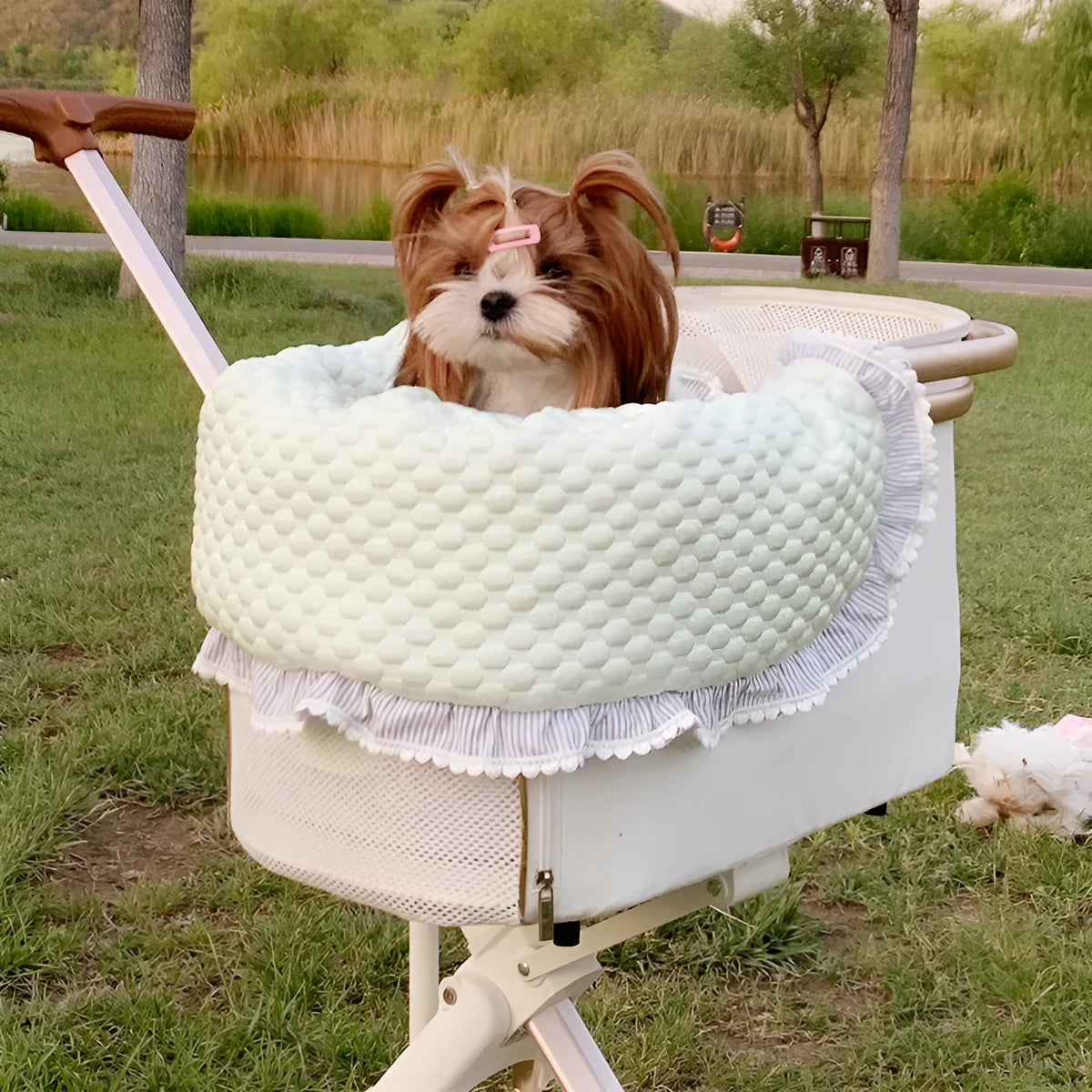 Pet stroller cushion set with cotton towel, pillow and pad in floral pattern