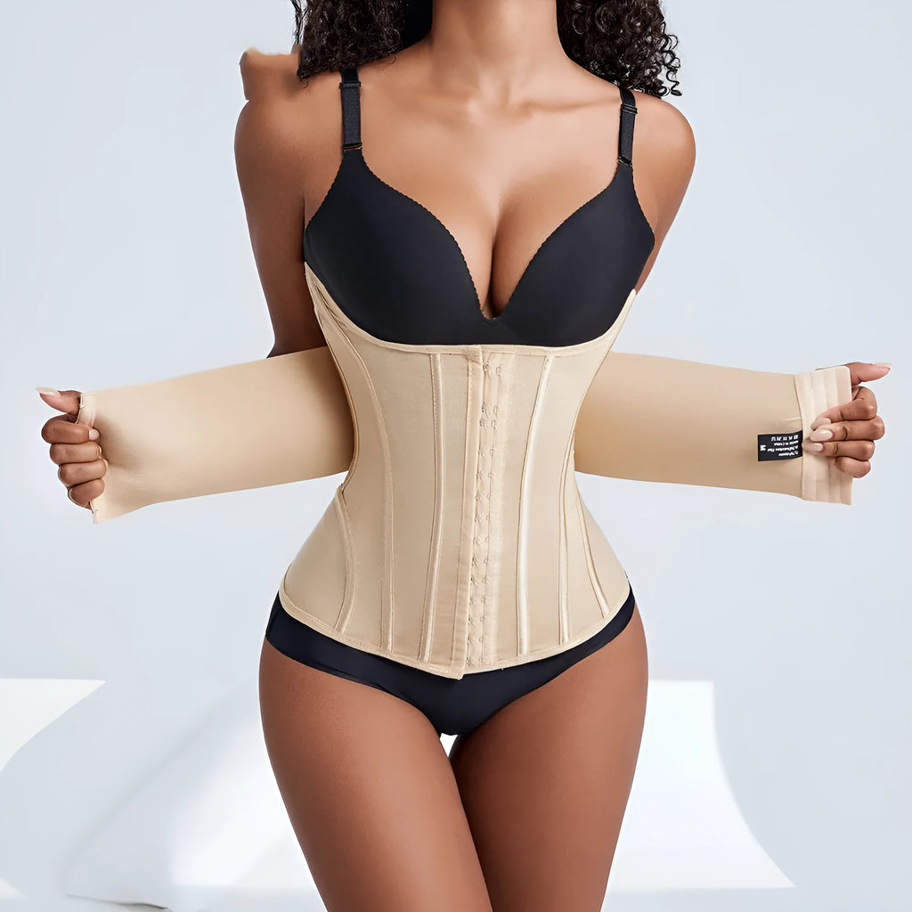 Black and apricot waist training belly band with nylon fabric for tummy slimming and fitness support