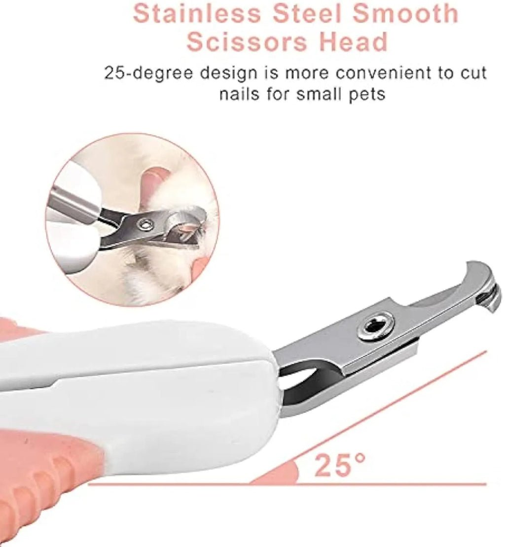 Grey and pink cat nail clippers with safety lock and angled stainless steel blade for pet grooming.