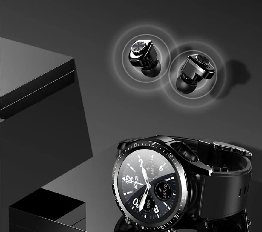 Black smart Bluetooth watch with 1.28 inch TFT screen showing health metrics and including TWS earphones