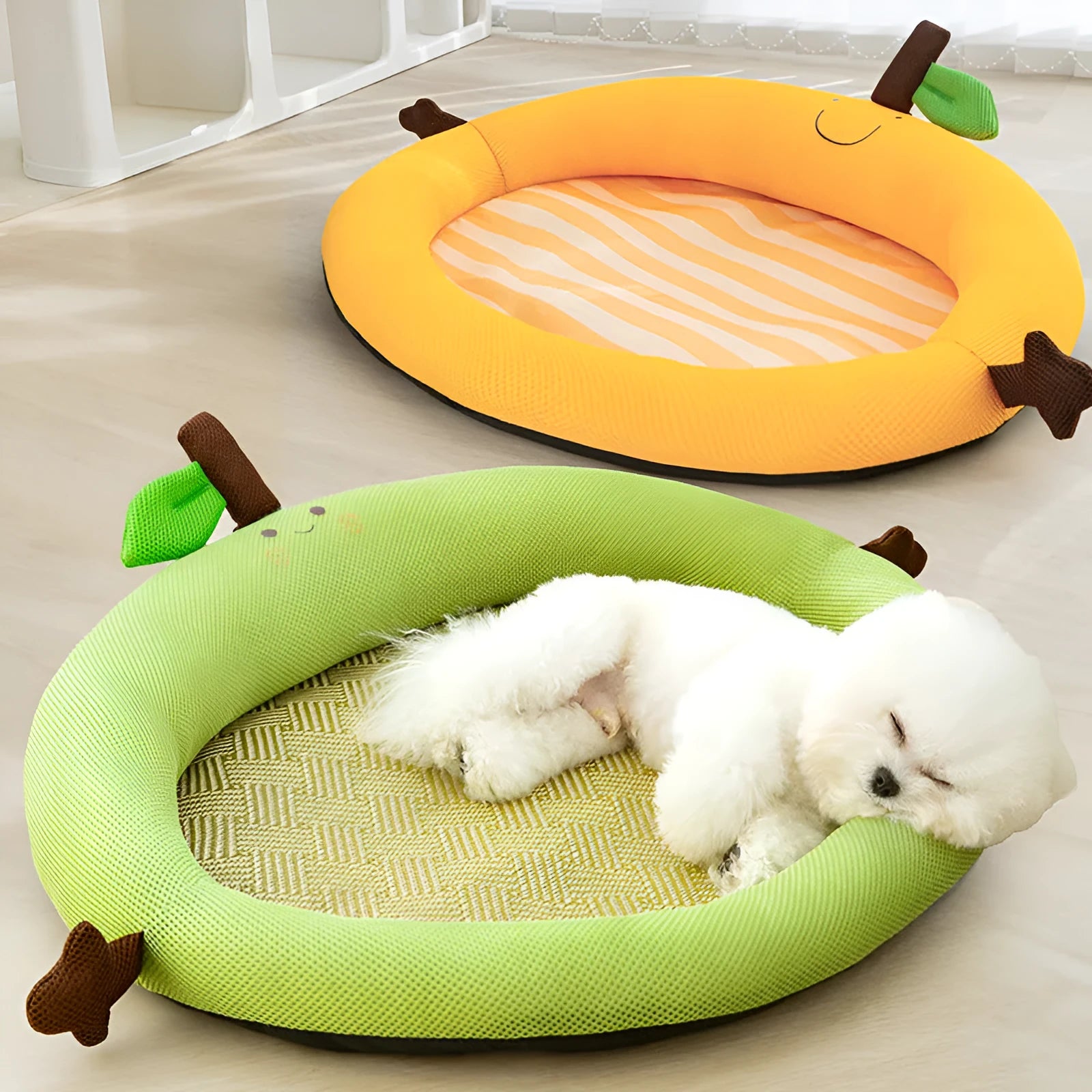 Green fruit-shaped dog bed mat with backrest for large dogs