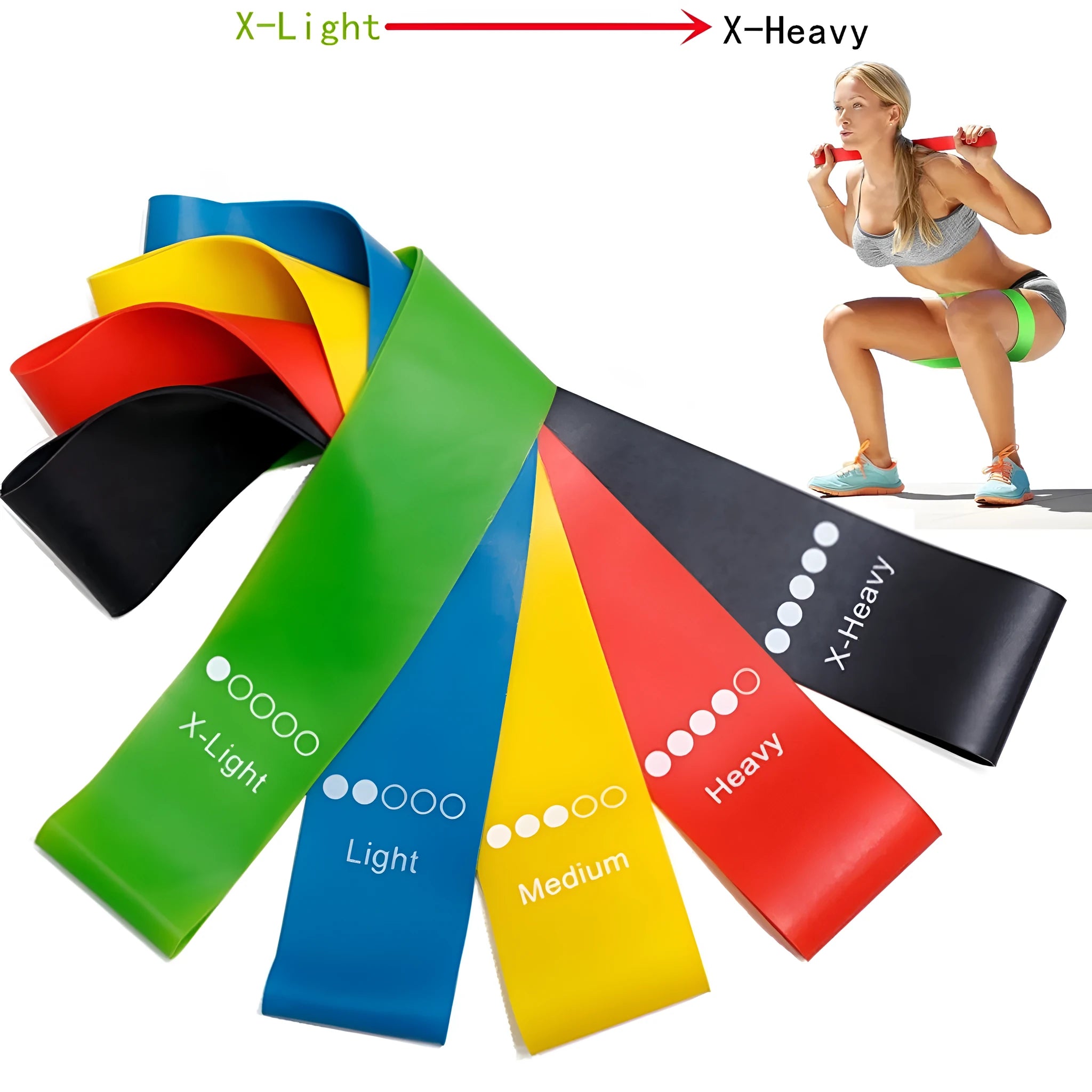 Set of five colour-coded yoga resistance straps with force marks and five plain TPE straps.