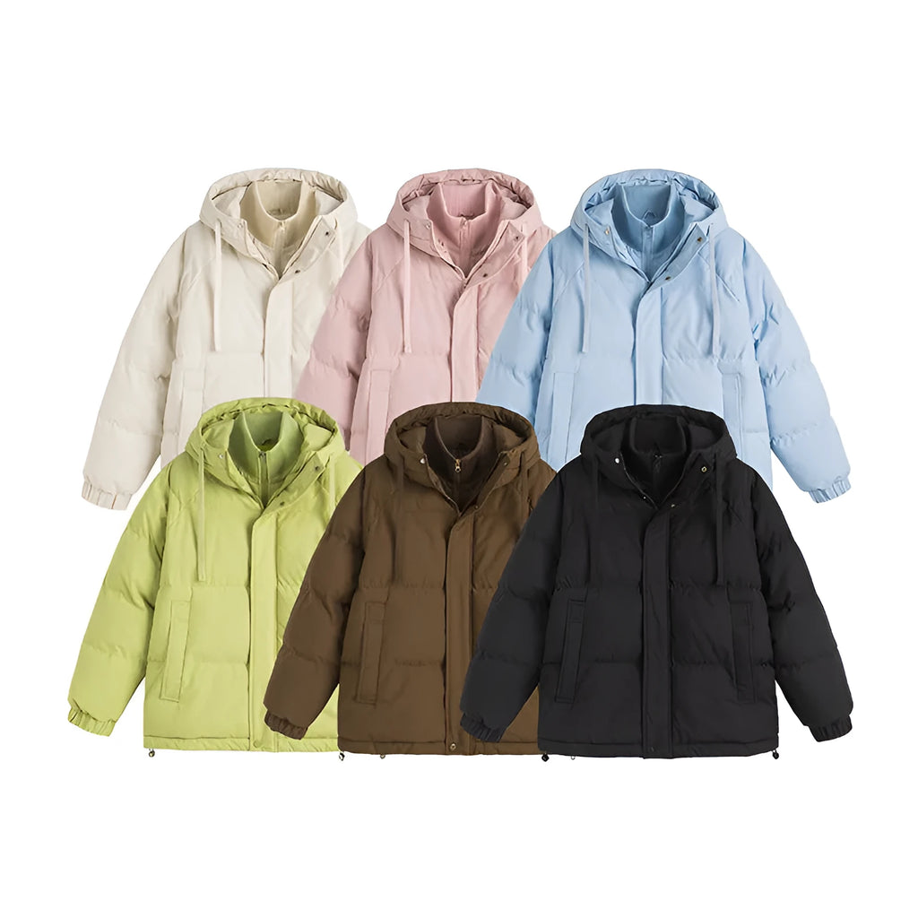 Loose fit cotton-padded winter coat in solid colour with side seam pockets