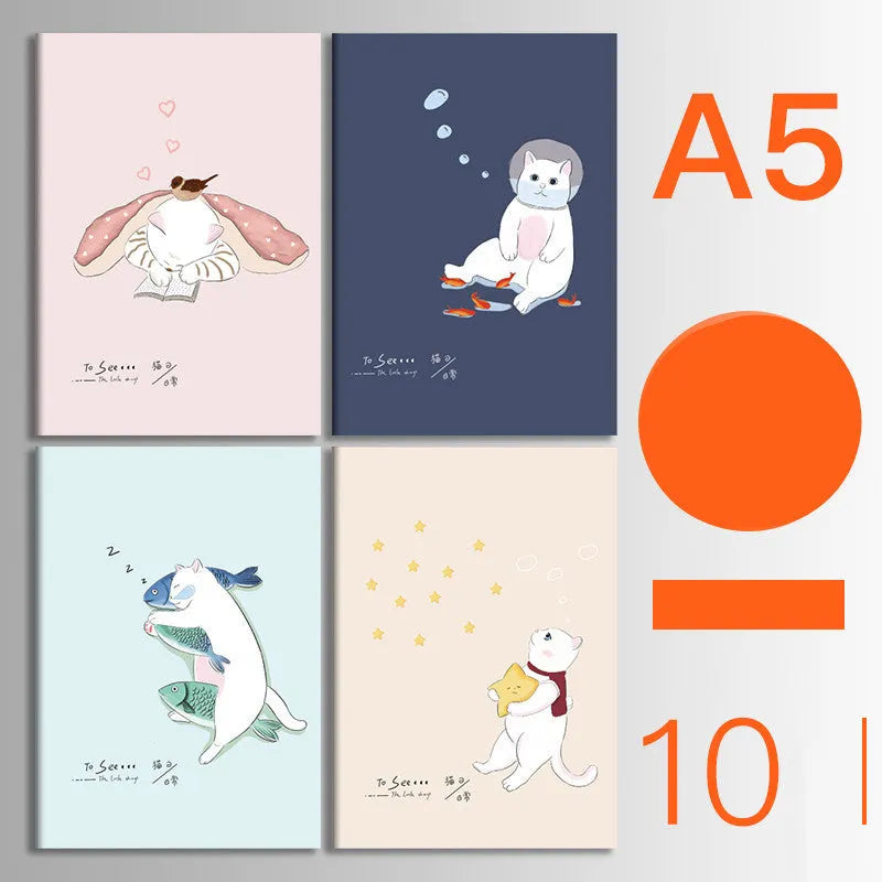 Ten soft cover kraft paper notebooks with thread binding in A5 and B5 sizes showing multiple design styles