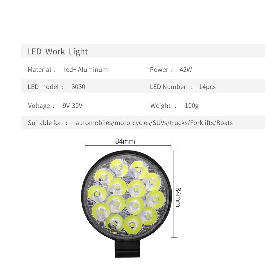 Compact round 42W LED work light with aluminium housing for car, truck, or motorcycle.