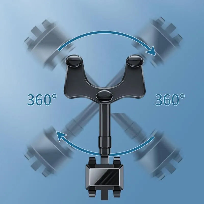 Black rearview mirror phone holder with 360 degree rotation and retractable arm for car mounting