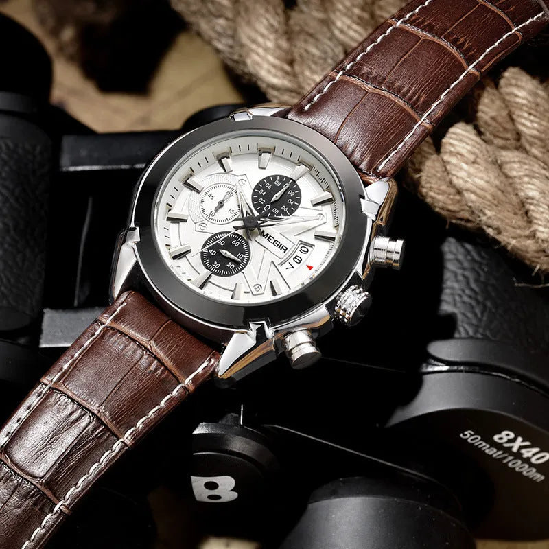 Men's multifunctional timing quartz watch with three sub-dials and luminous hands in black or brown colour options