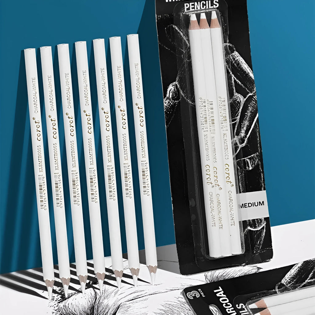 Set of three white charcoal sketching pencils with wooden barrels for highlighting on dark paper