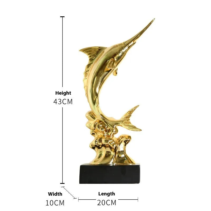 Detailed resin European swordfish decoration in a choice of four colours on a shelf.