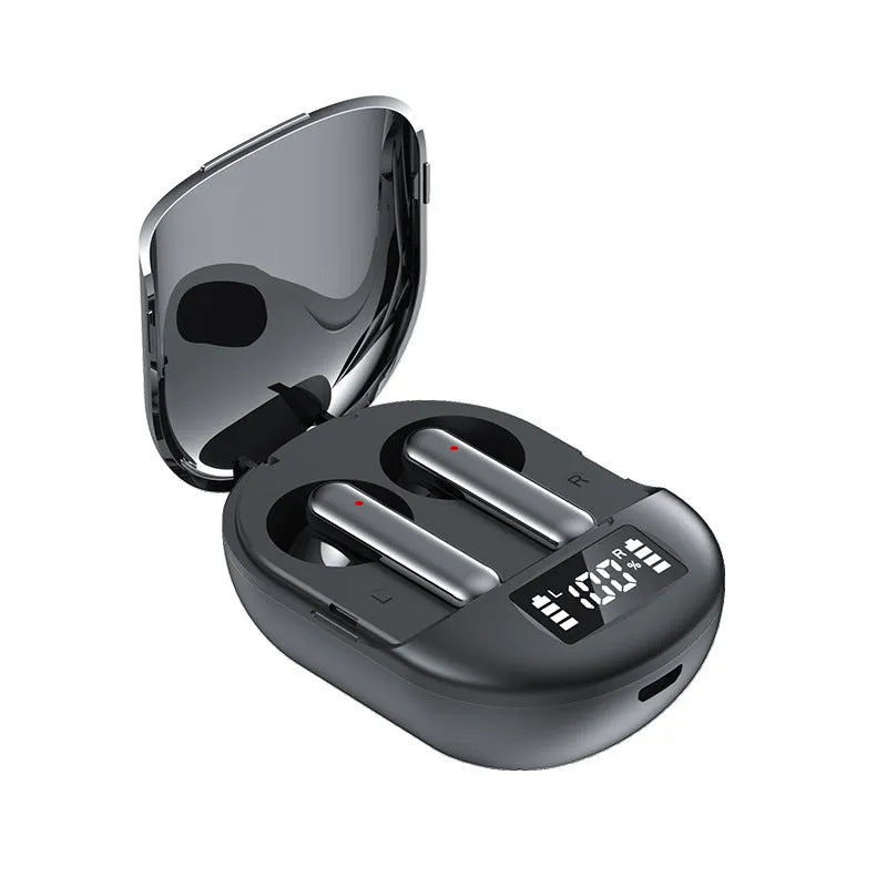 Black and white wireless Bluetooth in-ear headphones with digital display screen next to their charging case.