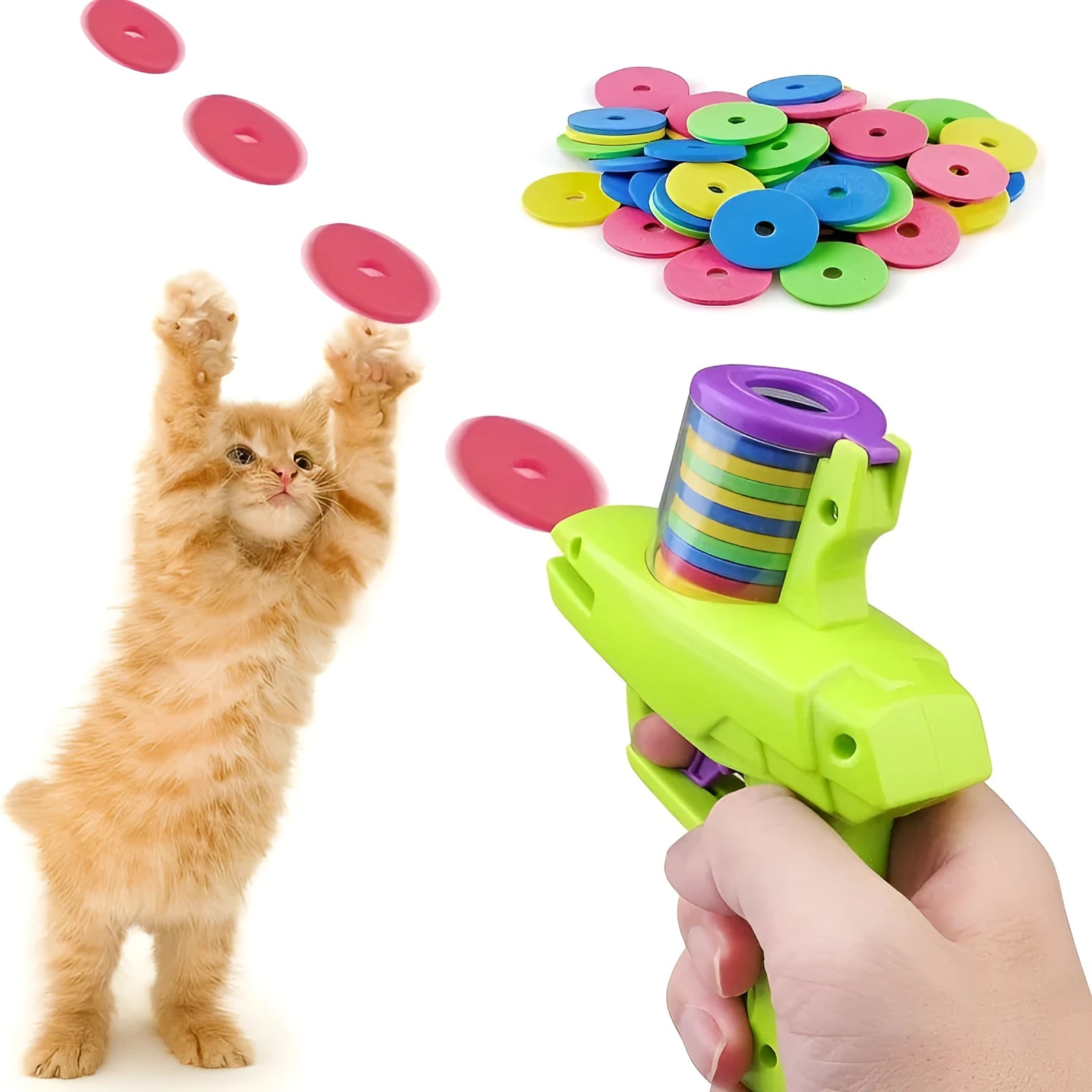Green or purple durable plastic battery-free cat toy launcher with foam discs for interactive play
