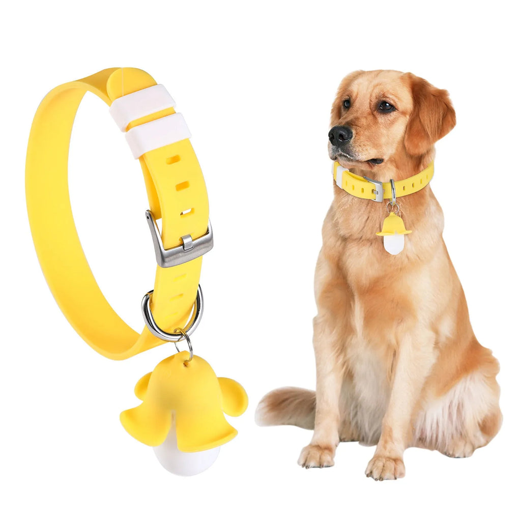 Yellow banana-shaped silicone dog collar light with geometric pattern, USB rechargeable, for night walks