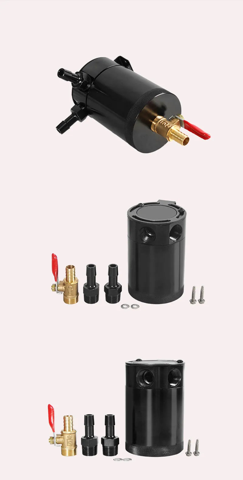 Aluminium automotive oil breather pot with two mounting holes in black and silver colour options