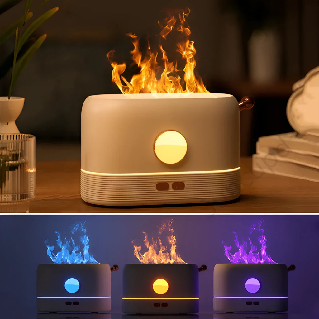 Black USB desktop humidifier diffuser with simulation flame effect and water tank